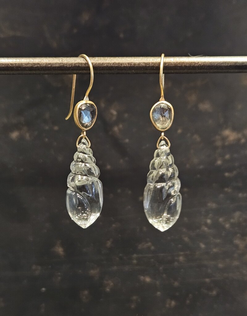 Carved Fluorite Shell Earrings with Green Sapphires in 18k Yellow Gold