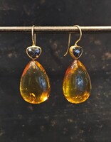 Amber Drop Earrings with Black Rose Cut Diamonds in 22k and18k Yellow Gold