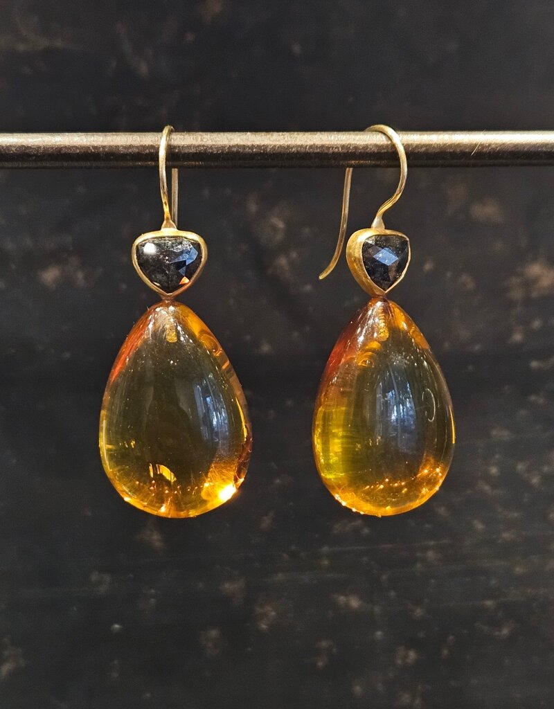 Amber Drop Earrings with Black Rose Cut Diamonds in 22k and18k Yellow Gold