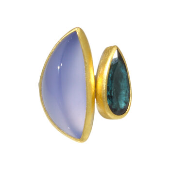 Sam Woehrmann Blue Chalcedony and Tourmaline Ring in Silver & 22k Gold