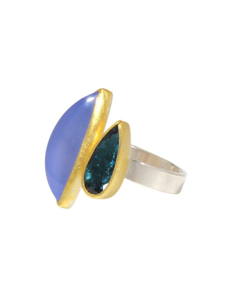 Sam Woehrmann Blue Chalcedony and Tourmaline Ring in Silver & 22k Gold