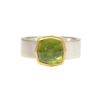 Sam Woehrmann Rose Cut Peridot Cushion Ring in Silver & 22k Gold
