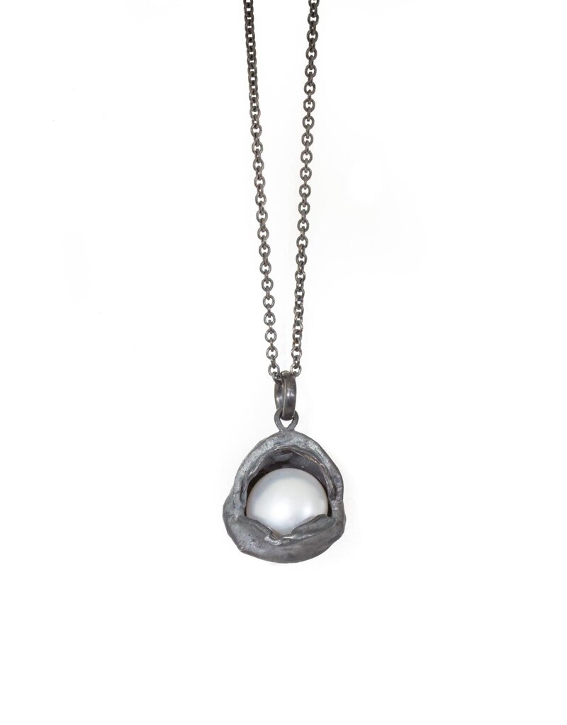 Large Water Droplet Pearl Pendant in Oxidized Silver