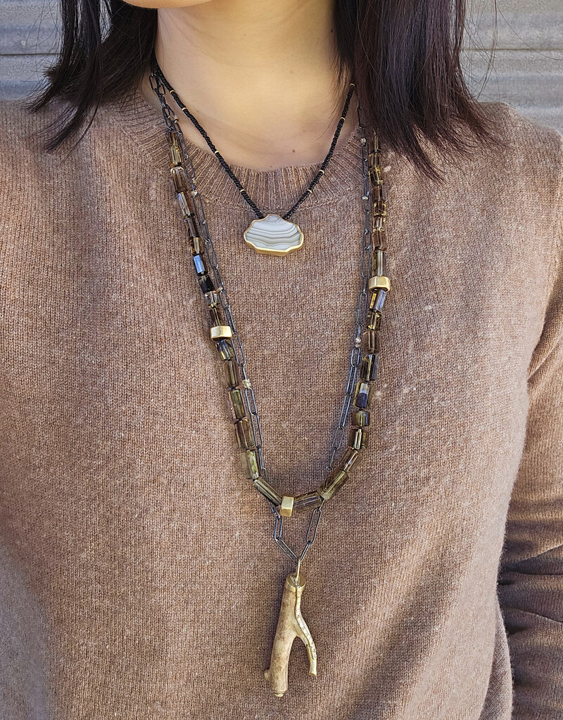 Antique Agate Pendant on Matte Black Bead and 18k Gold Necklace