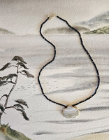 Antique Agate Pendant on Matte Black Bead and 18k Gold Necklace