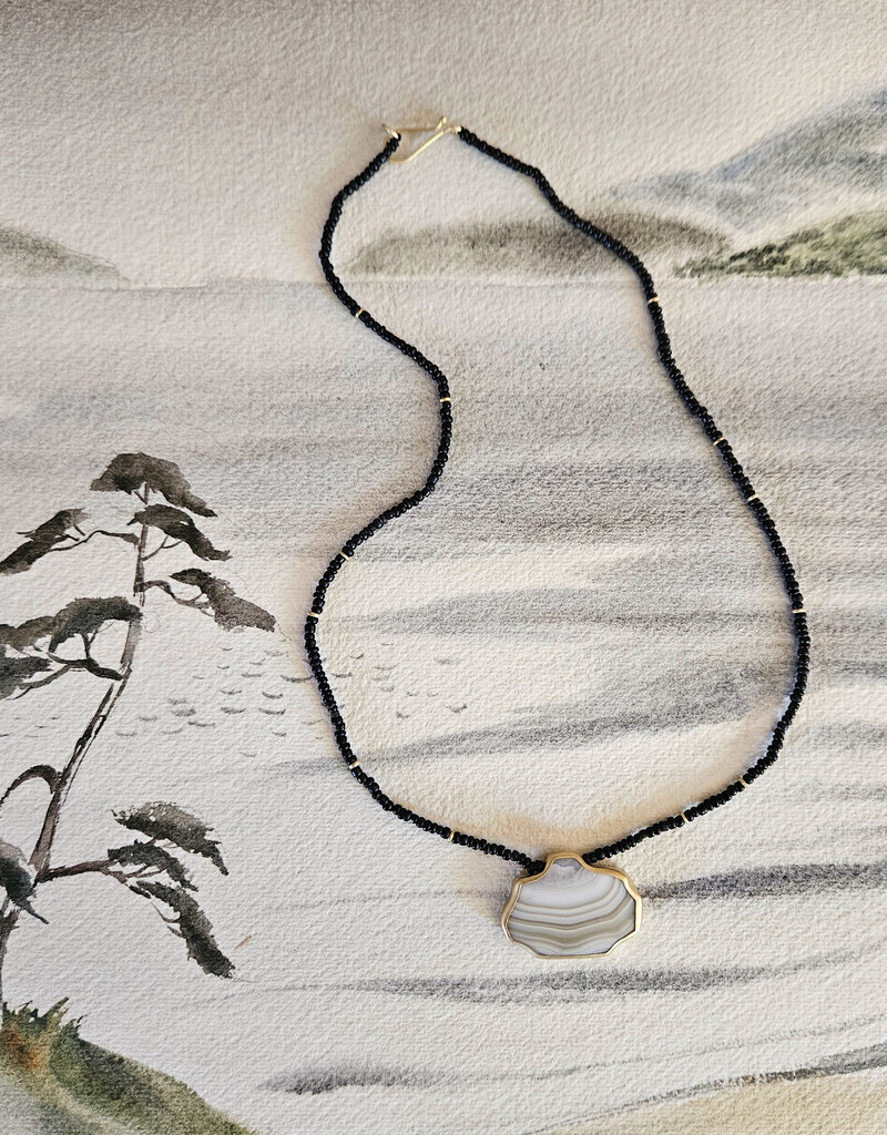 Antique Agate Pendant on Matte Black Bead and 18k Gold Necklace