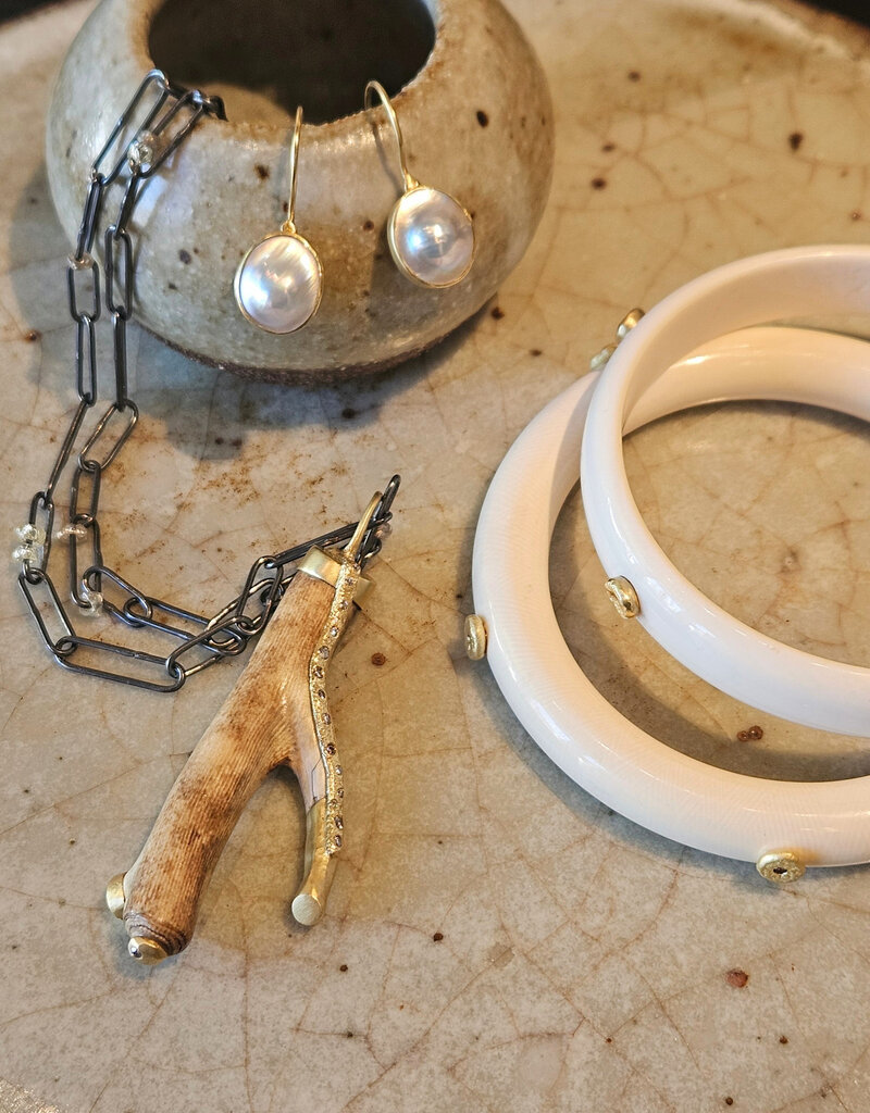 Fossilized Coral Branch Pendant wiith 18 Grey Diamonds in 18k Gold