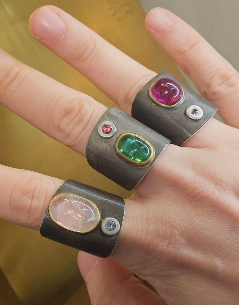 Big Sur Goldsmiths Tourmaline Ancient Shield Saddle Ring in Silver, Platinum and 22k Gold
