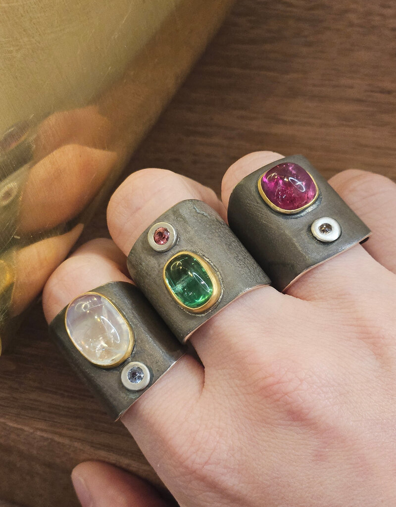 Big Sur Goldsmiths Tourmaline Ancient Shield Saddle Ring in Silver, Platinum and 22k Gold