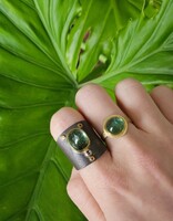 Big Sur Goldsmiths Scarab Shield Ring with Green Tourmaline, Blue Sapphires, Padparadcha in Oxidized Silver & 22k Yellow Gold