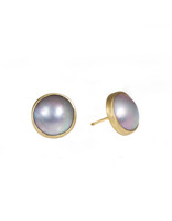 Light Mabe Round Pearl Post Earrings in 18k Yellow Gold