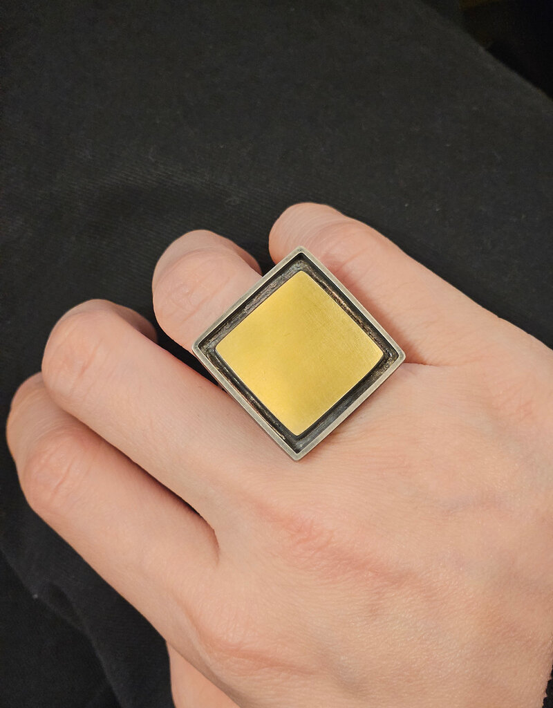 Square Ring in Oxidized Silver & 22k Gold