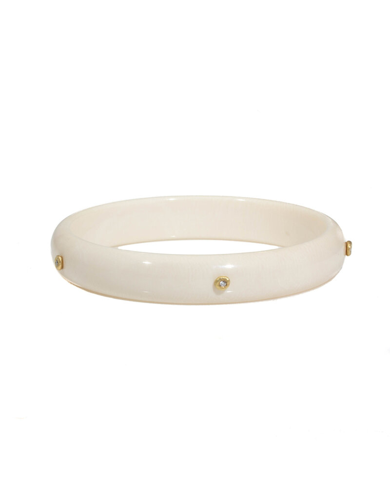 Half-Rounded 12mm Flat Fossilized Walrus Bangle with Five White Diamonds in 18k Yellow Gold