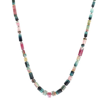 Faceted Green and Pink Tourmaline Bead Necklace with 18k Gold Beads and Handmade Clasp