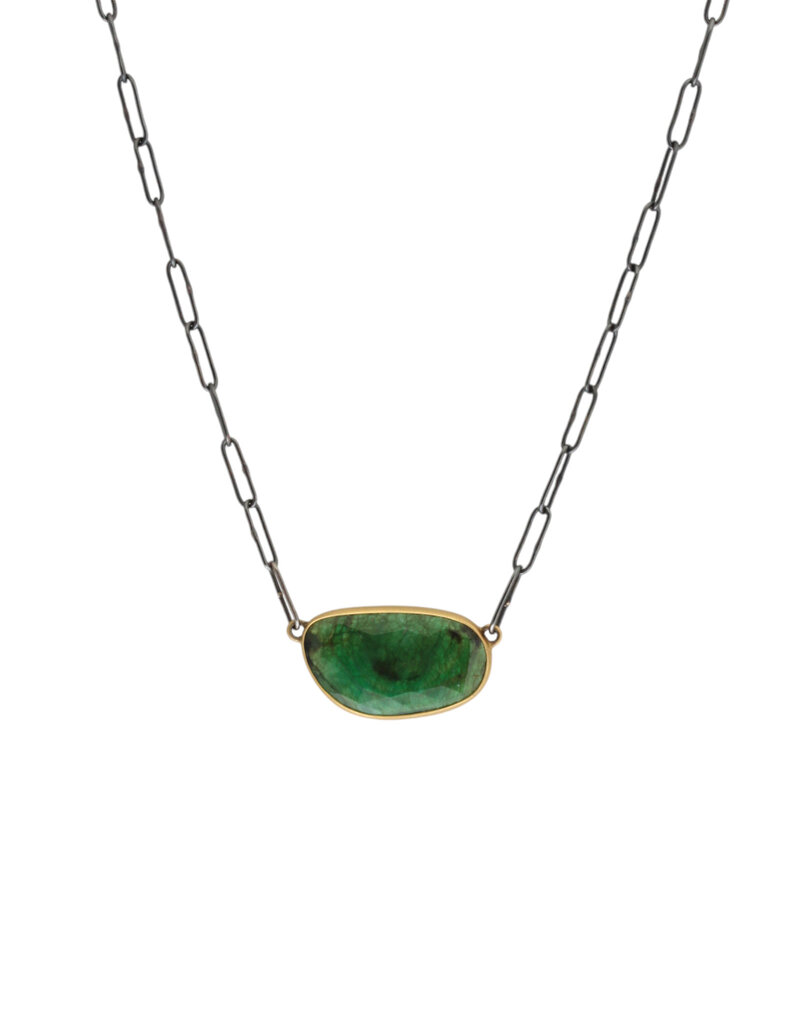 Organic Shape Rosecut Emerald Pendant in Oxidized Silver and 18k Gold with Handmade Chain