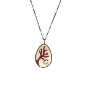 Red Branch Coral Enamel Pendant in Oxidized Silver and Diamond Slice