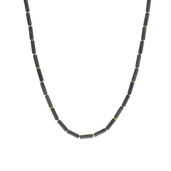 Matte Hematite Tube and Brass Gear Bead Necklace with Oxidized Silver Clasp