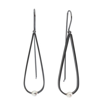 Teardrop Earrings in Oxidized Silver with White Pearl