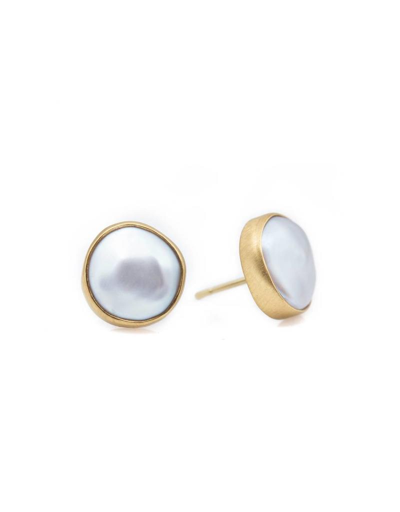 White Mabe Pearl Post Earrings in 22k Gold