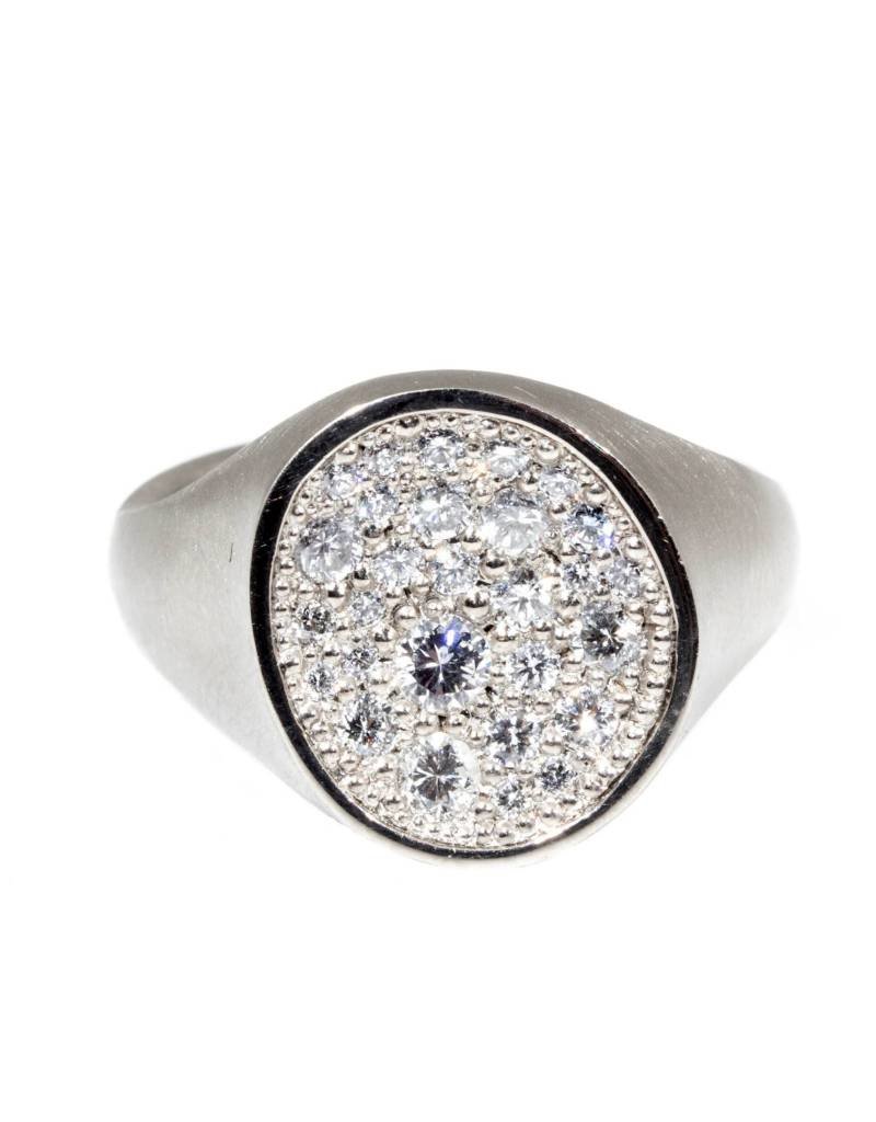 Pave Diamond Organic Shaped Signet Ring with Diamonds in 18k Palladium White Gold