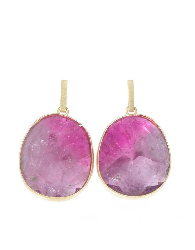 Large Oval Pink Sapphire Drop Earrings in 18k Yellow Gold