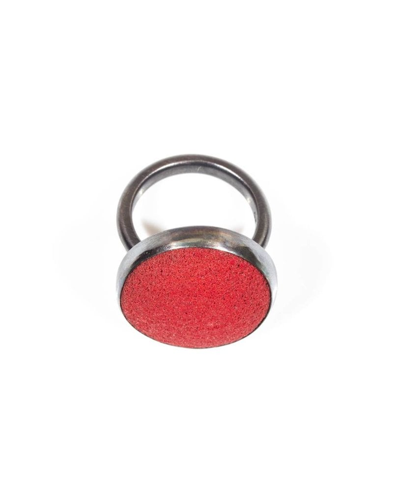 Red Enamel Underfired Ring in Oxidized Silver
