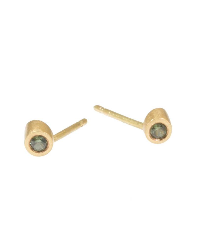 Angled Tube & Green Sapphire Post Earrings in 18k Yellow Gold