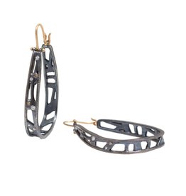 Narrow Moth Hoops with Diamonds in Oxidized Silver and 18k Yellow Gold Wires