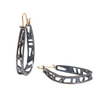 Narrow Moth Hoops with Diamonds in Oxidized Silver and 18k Yellow Gold Wires