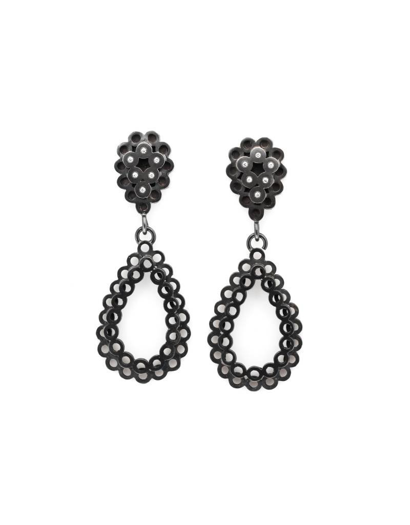 Stacked Teardrop Post Earrings in Oxidized Silver with Diamonds