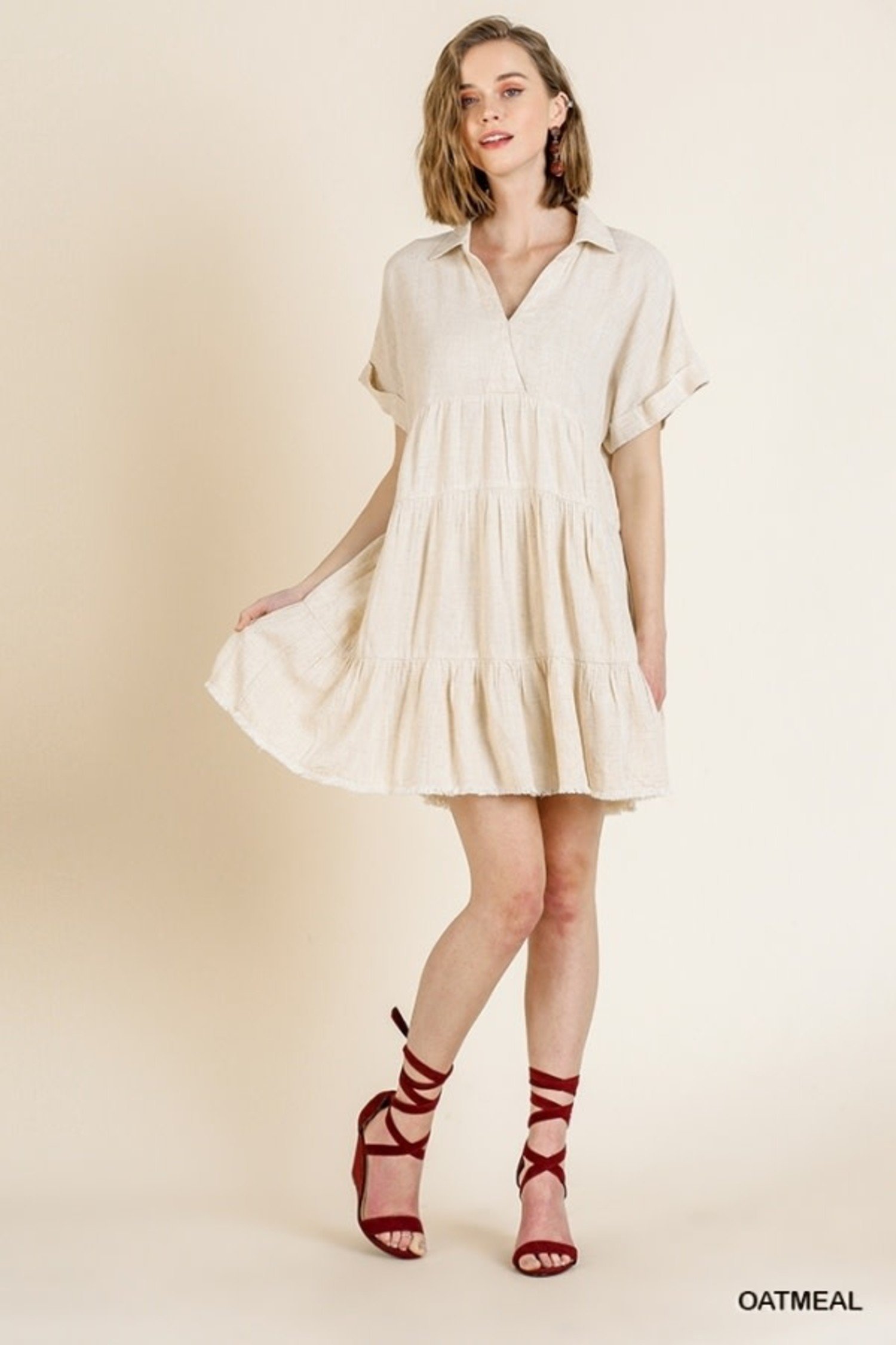 Umgee Oatmeal Linen Blend Tiered Dress with Ruffled Sleeves – June Adel