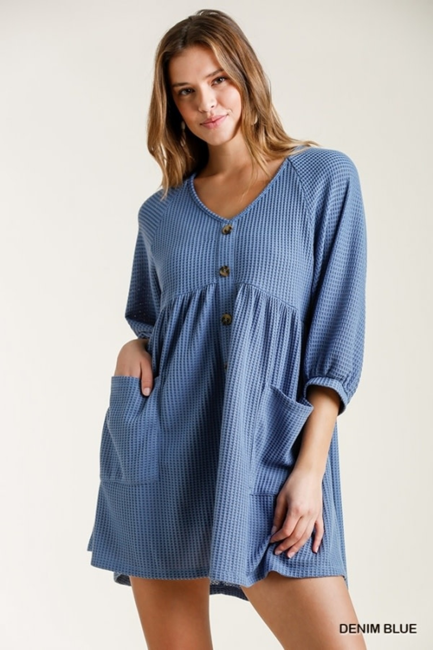 Umgee Waffle Knit V Neck Dress - Sassy 