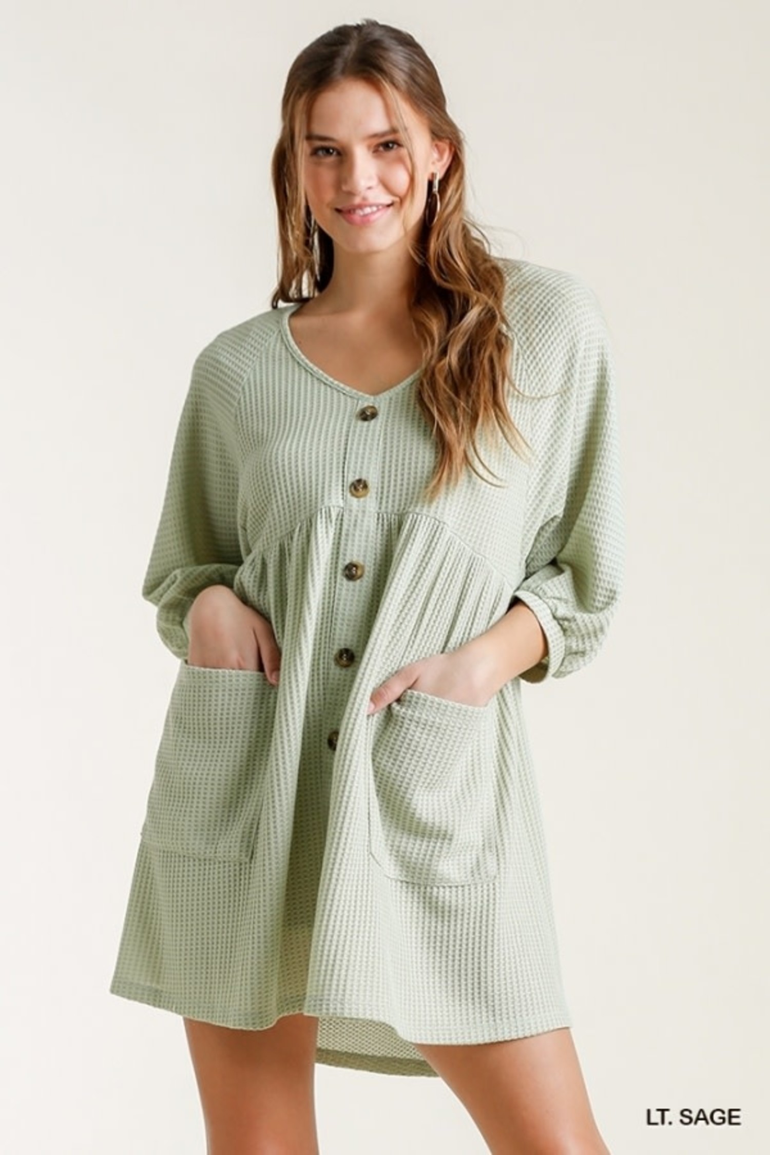 Umgee Waffle Knit V Neck Dress - Sassy 
