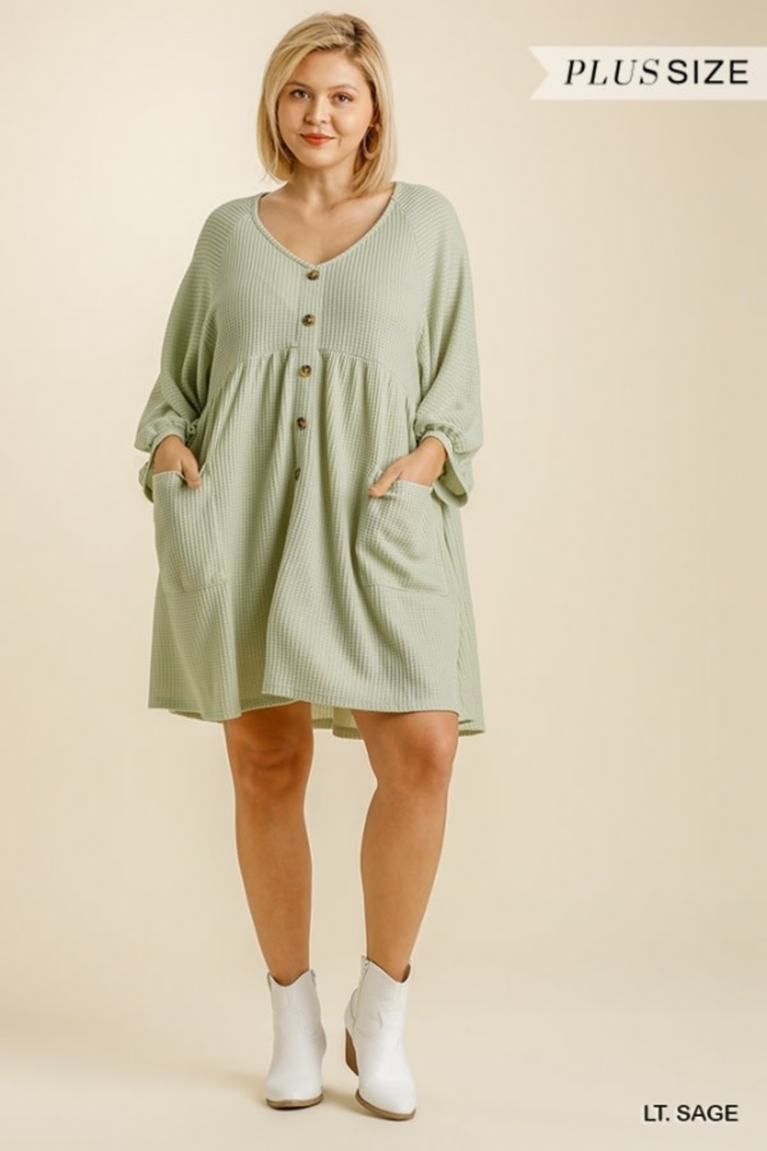 Umgee Waffle Knit V Neck Dress - Sassy 