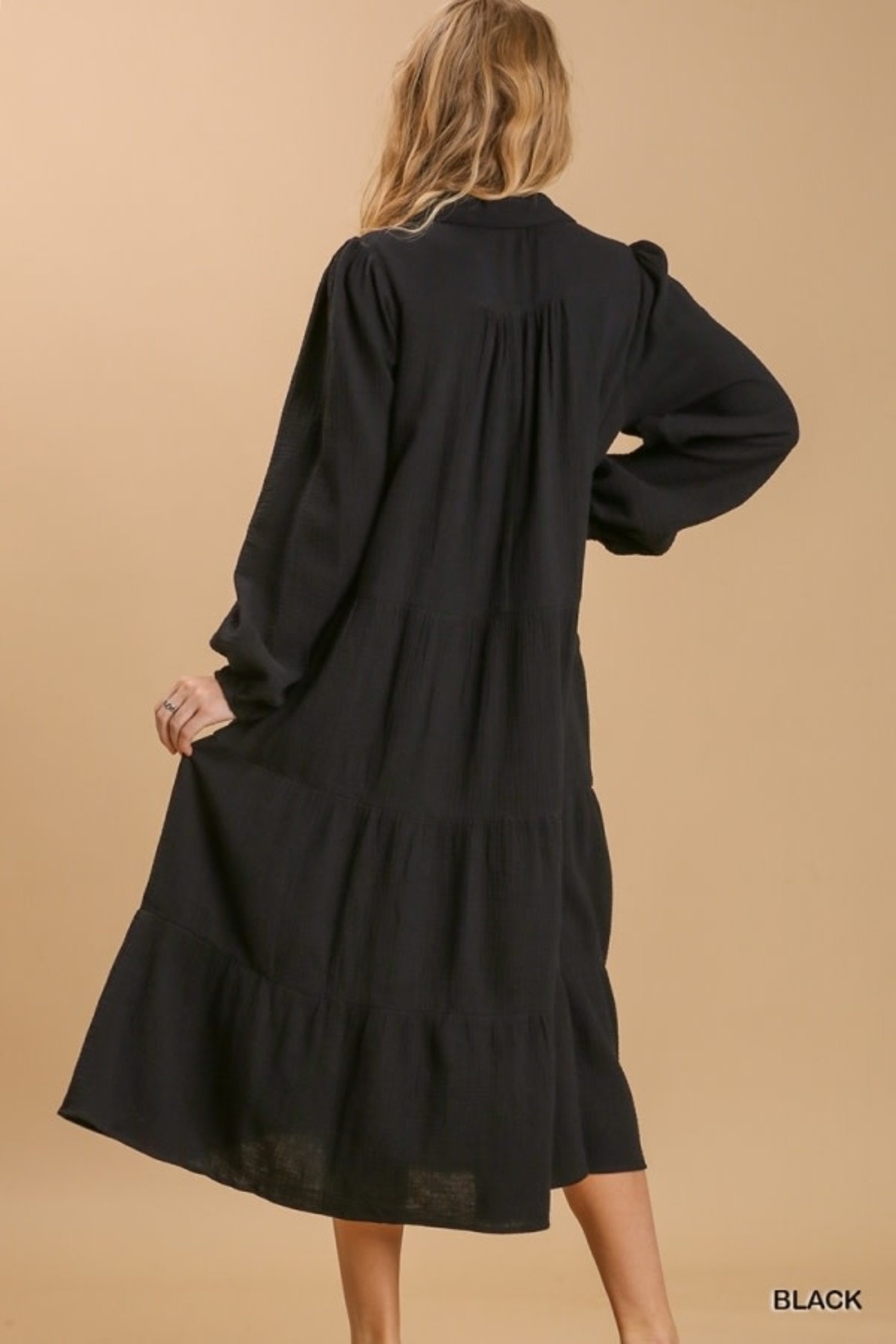 Umgee Teal Gauze Long Sleeve Collar Split Neck Tiered Maxi Dress – The  Perfect Pair