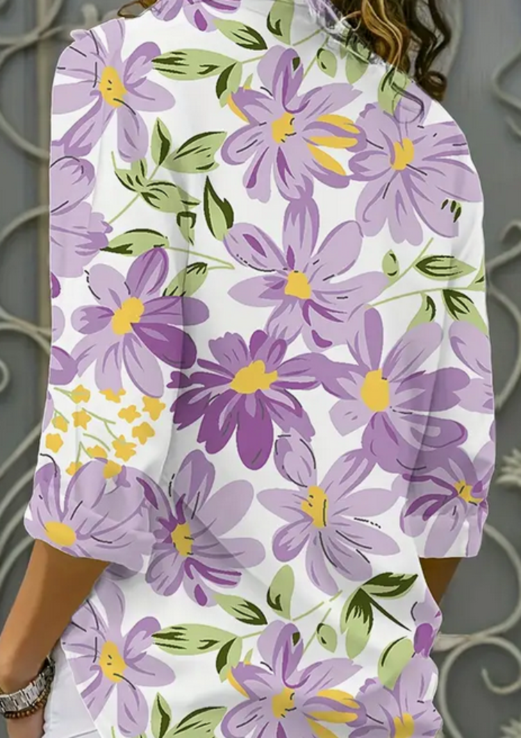 Purple Daisy Print Button Up Blouse
