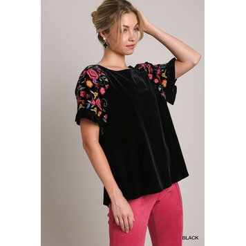 Umgee Velvet Short Ruffle Sleeve Top