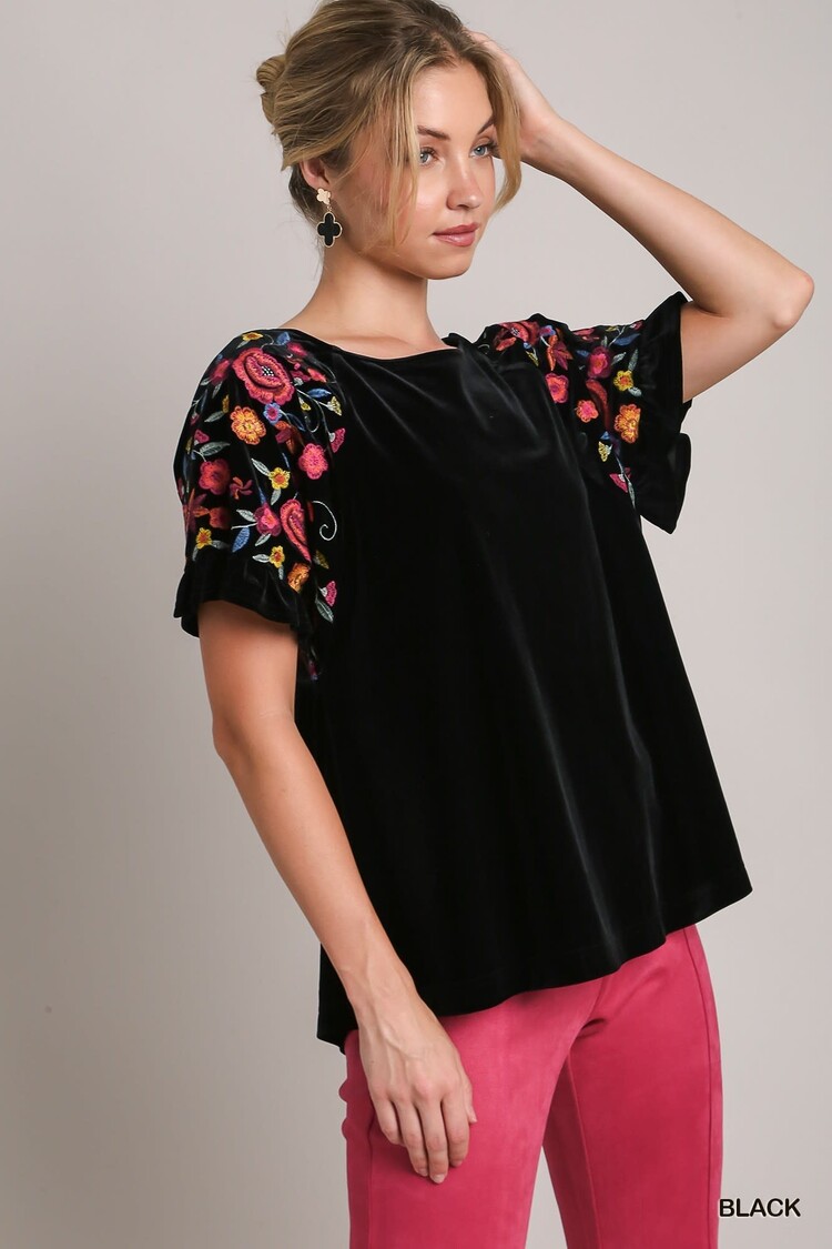 Umgee Velvet Short Ruffle Sleeve Top