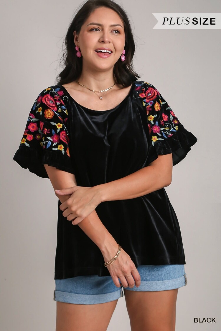 Umgee Velvet Short Ruffle Sleeve Top
