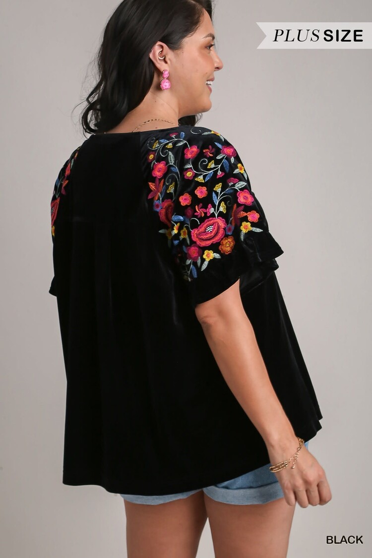 Umgee Velvet Short Ruffle Sleeve Top