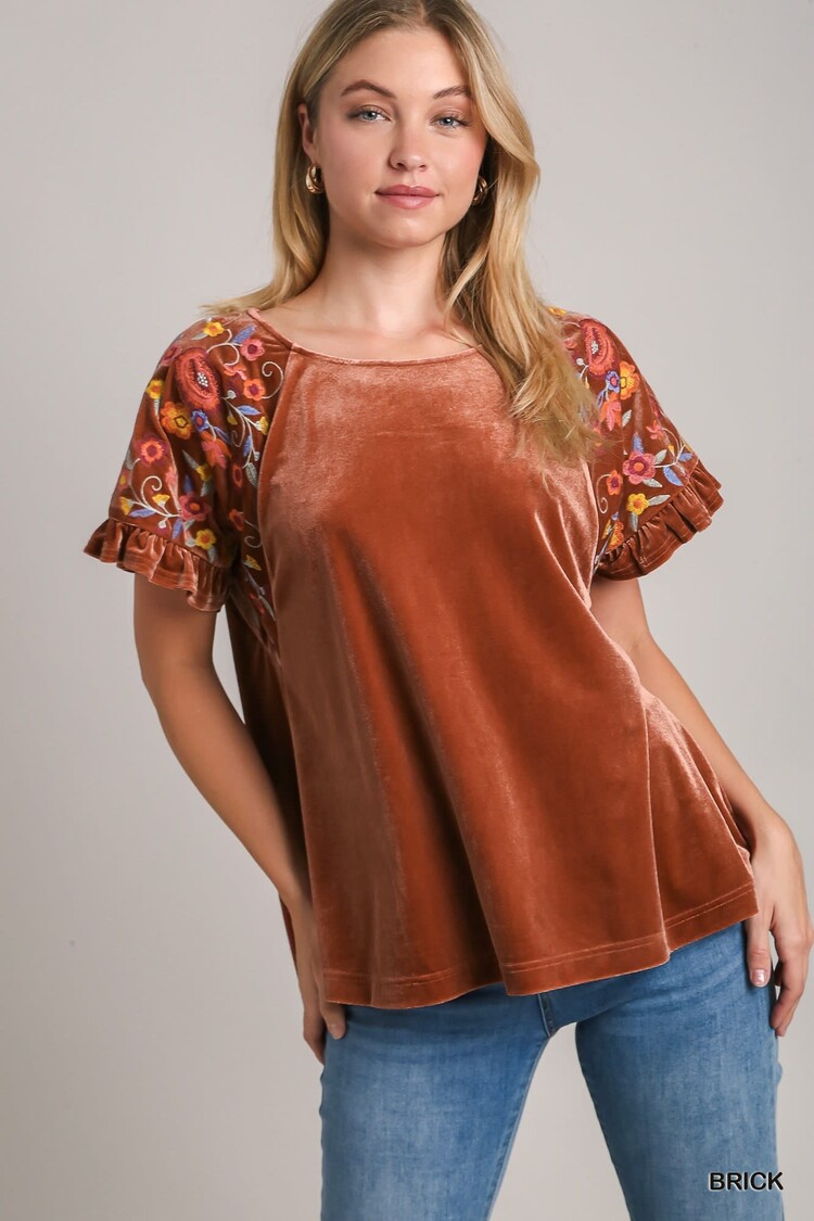 Umgee Velvet Short Ruffle Sleeve Top