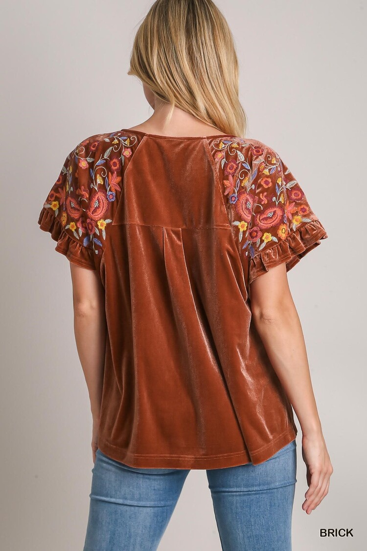 Umgee Velvet Short Ruffle Sleeve Top