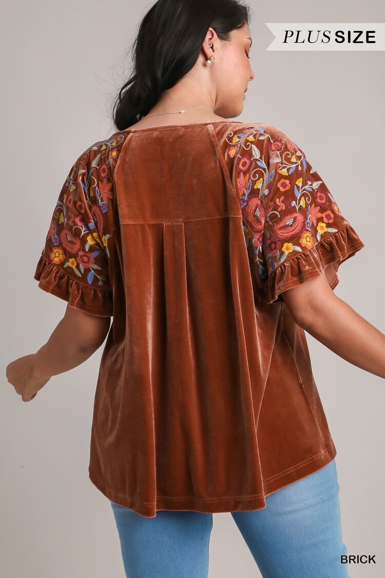 Umgee Velvet Short Ruffle Sleeve Top