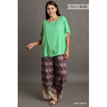 Umgee Linen Blend Short Ruffle Sleeve with Frayed Scoop Hem