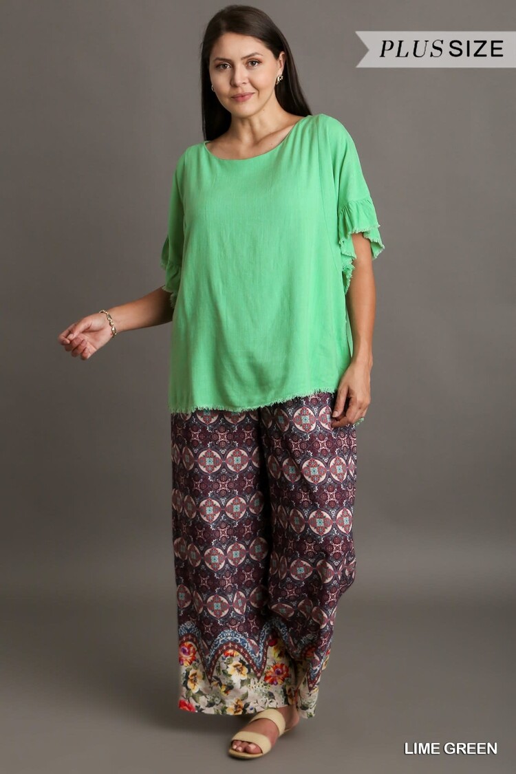 Umgee Linen Blend Short Ruffle Sleeve with Frayed Scoop Hem