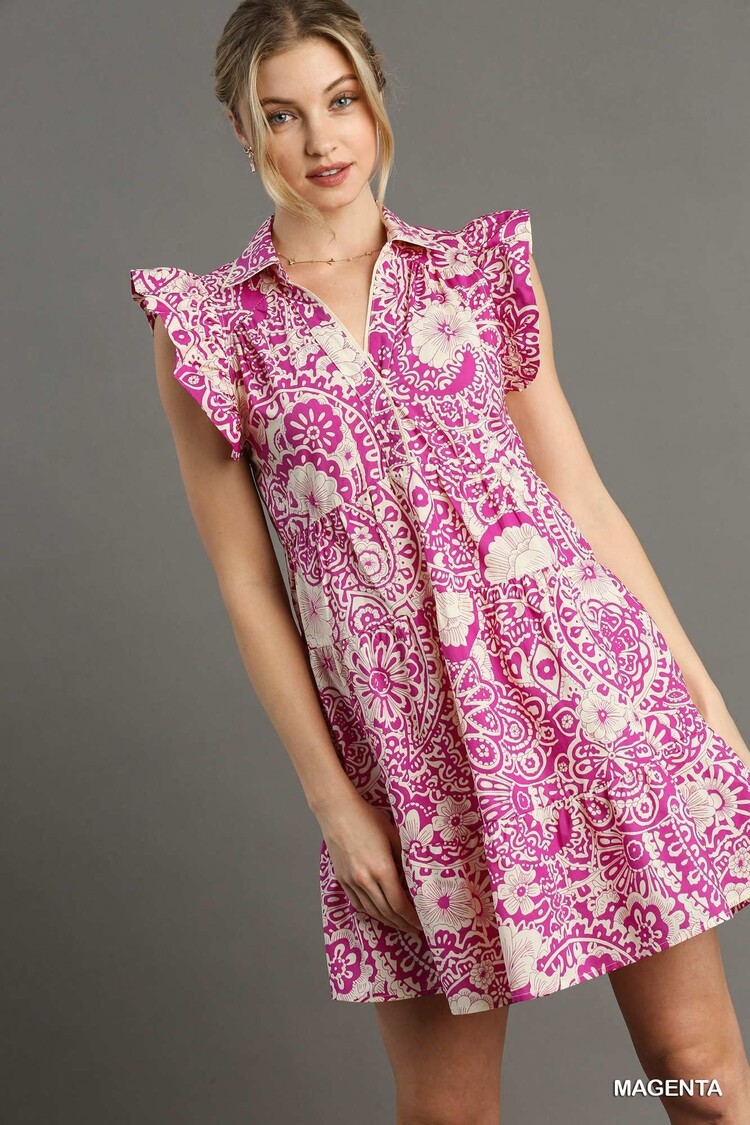 Umgee Abstract Print V-Neck Babydoll Dress