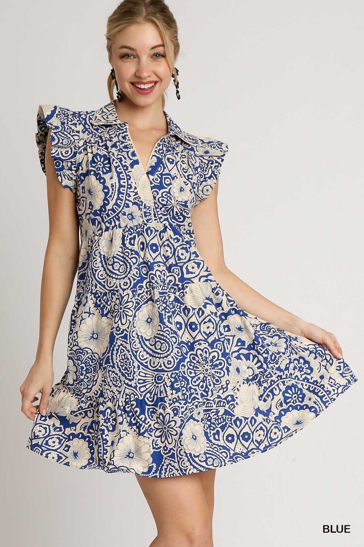 Umgee Abstract Print V-Neck Babydoll Dress