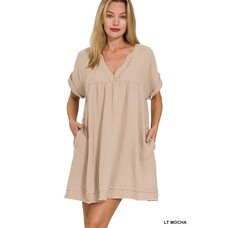 Zenana Double Gauze Raw Edge V-neck Dress