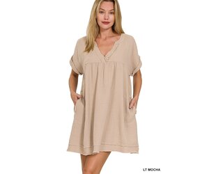 ＊ウラヌス様＊新品タグ付＊ヌキテパDouble Gauze BS Dress Plus Gauze Raw Edge V Neck Pocket Shift Mini Dress – Shoptiques