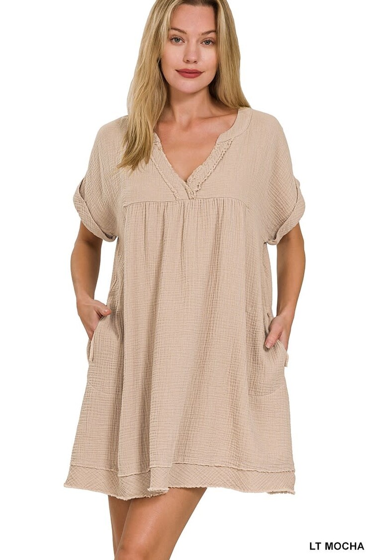 Zenana Double Gauze Raw Edge V-neck Dress